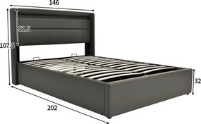 Pat dublu cu ladă de depozitare, cu LED și telecomandă, structură tapițată 140x200 cm, Gri