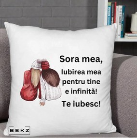Cadou pentru Sora - Perna Personalizata Sora Mea Te Iubesc Doua Fete Iarna Acuarela, 40x40 cm, Alb Pufos, Husa Detasabila, Perna Inclusa, BEKZ®