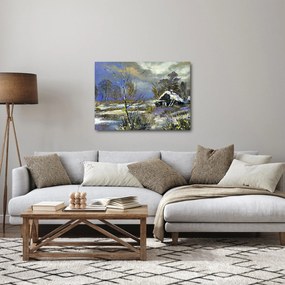 Tablou -Cabane într-un peisaj de iarnă, pictură în ulei (70x50 cm)
