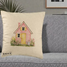 Perna Decorativa Casuta Roz Acuarela cu Gradina, 40x40 cm, Bej, Husa Detasabila, Perna Inclusa, BEKZ®