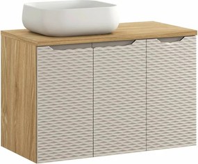 Set dulap baza suspendat 90 cm cu blat, lavoar si dulap lateral Comad Ocean bej si stejar uleiat