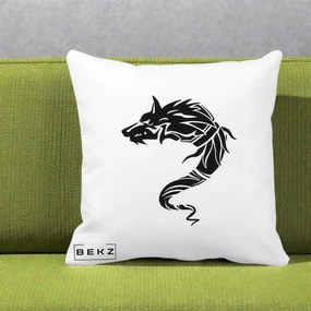 Perna Decorativa Lup Tribal Alb-Negru, 40x40 cm, Alba Mata, Husa Detasabila, Perna Inclusa, BEKZ®