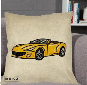 Perna Personalizata Masina Cabriolet Galbena Grafic, 40x40 cm, Crem, Husa Detasabila, Perna Inclusa, BEKZ®