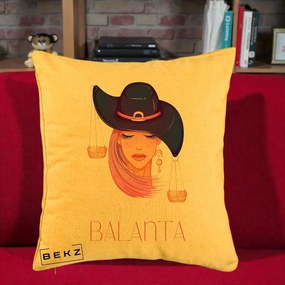 Perna Personalizata Zodiac Balanta Cowgirl, 40x40 cm, Galben, Husa Detasabila, Perna Inclusa, BEKZ®