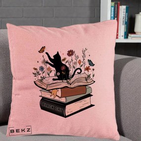 Perna Personalizata Pisica Neagra Carti Flori Fluturi, 40x40 cm, Roz, Husa Detasabila, Perna Inclusa, BEKZ®