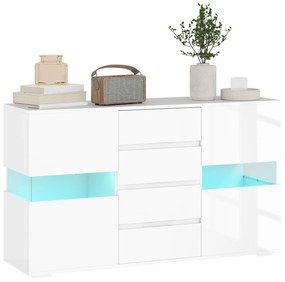 HOMCOM Bufet cu Lumini LED Reglabile prin Telecomandă, Mobilier de Sufragerie cu 4 Sertare și 2 Dulapuri, 120x34x70 cm, Alb | Aosom Romania