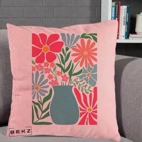Perna Decorativa Flori in Vaza Turcoaz, 40x40 cm, Roz, Husa Detasabila, Perna Inclusa, BEKZ®