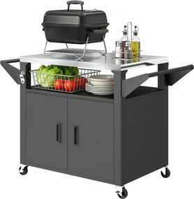 Outsunny Cărucior de bucătărie cu roți, cărucior de servire, cărucior cu dulap, mânere, suprafață din oțel inoxidabil 117 x 55 x 78 cm Negru | Aosom Romania