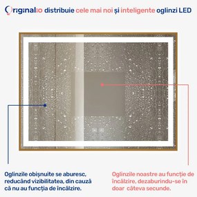 Oglindă LED Dreptunghiulară (80x60 cm), 3 Moduri Iluminare (Lumină Rece, Naturală, Caldă), Intensitate Reglabilă, Funcție Dezaburire, Ramă Aluminiu, Control Tactil (Touch)