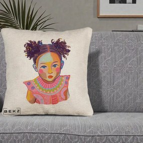 Perna Decorativa Fetita Vesela Portret Colorat, 40x40 cm, Bej Canapea, Husa Detasabila, Perna Inclusa, BEKZ®