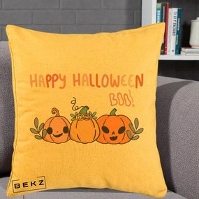 Perna Decorativa Happy Halloween Boo Trei Dovlecei Kawaii, 40x40 cm, Galben, Husa Detasabila, Perna Inclusa, BEKZ®