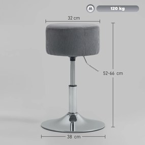 HOMCOM Taburet Înalt de Bucătărie Reglabil în Înălțime 52-66 cm Tapitat cu Catifea Rotativ 360° Gri | Aosom Romania