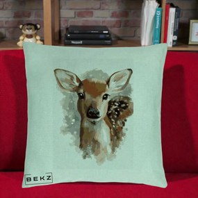 Perna Decorativa Caprioara Pui Acuarela, 40x40 cm, Verde Menta, Husa Detasabila, Perna Inclusa, BEKZ®