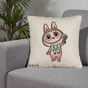 Perna Personalizata Labubu Roz cu Morisca, 40x40 cm, Bej Canapea, Husa Detasabila, Perna Inclusa, BEKZ®