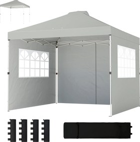 Outsunny Pavilion 3x3 m impermeabil reglabil pe înălțime pop-up pliant cu 3 pereți laterali ferestre ventilație, UV 50+ Gri deschis | Aosom Romania