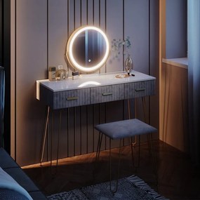 SEA395 - Set Masa toaleta, 100 cm, cosmetica machiaj, oglinda cu LED, masuta vanity, scaun tapitat - Alb-Auriu-Gri