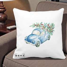 Perna Decorativa Masinuta Albastra cu Brad de Craciun, 40x40 cm, Alba Mata, Husa Detasabila, Perna Inclusa, BEKZ®