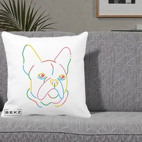 Perna Decorativa Bulldog Francez Line Art Curcubeu, 40x40 cm, Alba Mata, Husa Detasabila, Perna Inclusa, BEKZ®