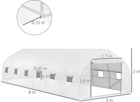Outsunny Seră de grădină tunel de dimensiuni mari cu acoperiș PE cadru din oțel ușă rulabilă și 12 ferestre 8 x 3 x 2 m alb | Aosom Romania