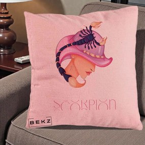 Perna Personalizata Zodiac Scorpion Cowgirl, 40x40 cm, Roz, Husa Detasabila, Perna Inclusa, BEKZ®