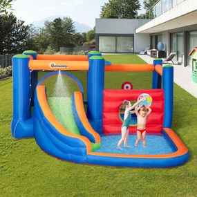 Outsunny 4 in 1 pentru copii Tobogan de apa Bounce House tobogan, trambulina, piscina, pentru copii de 3-8 ani