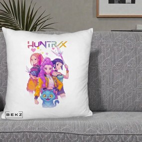 Perna Personalizata K-pop HUNTRX Trio Foto cu Pisica, 40x40 cm, Alb Pufos, Husa Detasabila, Perna Inclusa, BEKZ®