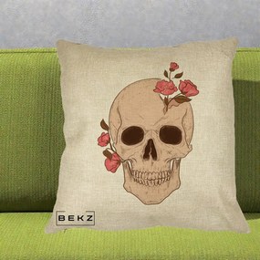 Perna Decorativa Craniu Floral Gothic, 40x40 cm, Crem, Husa Detasabila, Perna Inclusa, BEKZ®