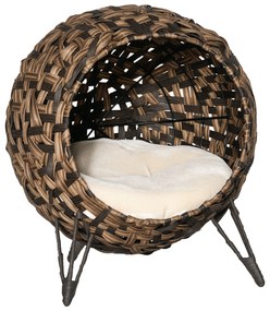 PawHut Pat pentru Pisici din Ratan de 52 cm, Căsuță Ridicată Rotundă cu Pernă, Maro | Aosom Romania