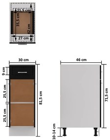 Dulap inferior cu sertar, negru, 30 x 46 x 81,5 cm, PAL Negru, Dulap inferior cu sertar 30 cm, 1