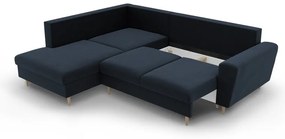 Colțar albastru închis extensibil, cu spațiu de depozitare cu tapițerie din catifea (cu colț pe partea stângă-în formă de ”L”) Kyoto – Cosmopolitan Design