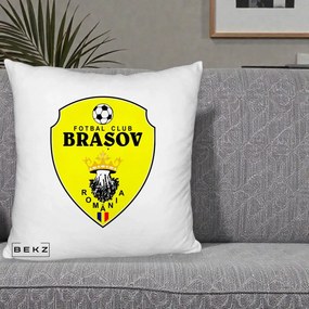 Perna Personalizata FC Brasov Fotbal Romania, 40x40 cm, Alb Pufos, Husa Detasabila, Perna Inclusa, BEKZ®