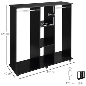 HOMCOM Șifonier cu șinar Mobilier de Depozitare 6 roți 120L x 40l x 128H cm din lemn Negru | Aosom Romania