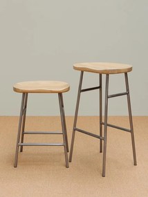 Scaun de bar din lemn de mango și metal, natur, în stil industrial, cu șezut scobit și suport pentru picioare, 76 x 42 x 37 cm, „Hinto”