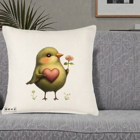 Perna Decorativa Pasare Verde cu Inima si Floare, 40x40 cm, Crem Reliefat, Husa Detasabila, Perna Inclusa, BEKZ®