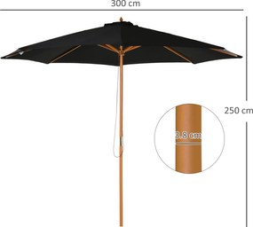 Outsunny Umbrelă de Grădină 3 m cu Stâlp din Lemn, 8 Spițe și Acoperire din Poliester, Neagră | Aosom Romania