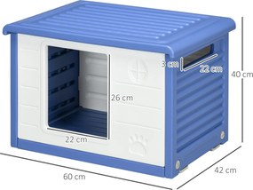 PawHut Cușcă Ridicată pentru Câini de Talie Mică cu Intrare și 2 Deschideri Laterale, Cușcă de Exterior Antiderapantă din Polietilenă, Ușor de Curățat, 60x42x40 cm, Albastru și Alb | Aosom Romania