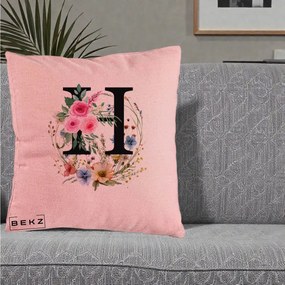 Cadou Personalizat - Perna Personalizata Monogram Litera H cu Flori Acuarela, 40x40 cm, Roz, Husa Detasabila, Perna Inclusa, BEKZ®
