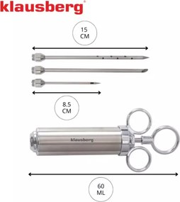 Seringa pentru marinat carne Klausberg KB 7842, 60 ml, 3 ace, Otel inoxidabil, Fara BPA, Argintiu