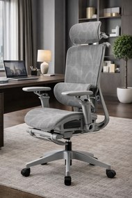 Scaun ergonomic, translatie sezut, cotiere 6D, tetiera 3D, suport lombar reglabil, pivotant, suport pentru picioare, Gri