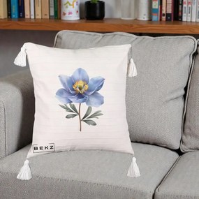 Perna Decorativa Anemona Albastra Botanica, 40x40 cm, Bej cu Franjuri, Husa Detasabila, Perna Inclusa, BEKZ®