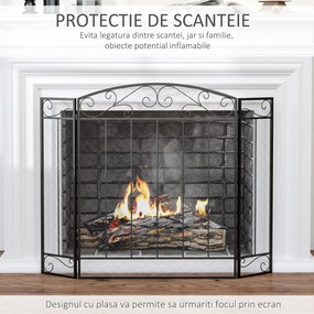 Parascantei pentru Semineu, protectie de scantei pentru semineu Pliabil, 3 Panouri Metal si Otel Negru 105x1,6x80,5cm HOMCOM | Aosom Romania