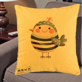 Perna Decorativa Pui Kawaii Teal cu Flori, 40x40 cm, Galben, Husa Detasabila, Perna Inclusa, BEKZ®