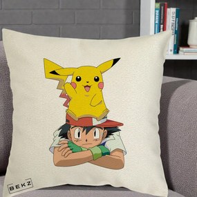 Perna Personalizata Ash si Pikachu, 40x40 cm, Ecru, Husa Detasabila, Perna Inclusa, BEKZ®