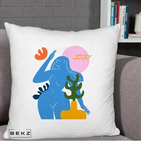 Perna Decorativa Femeie Albastra Cactus, 40x40 cm, Alb Pufos, Husa Detasabila, Perna Inclusa, BEKZ®