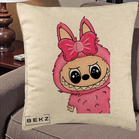 Perna Personalizata Labubu Roz cu Funda, 40x40 cm, Bej, Husa Detasabila, Perna Inclusa, BEKZ®