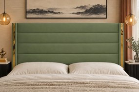 Pat tapițat din catifea Veyra 180×200 cm, kaki, detalii aurii, cu ladă de depozitare