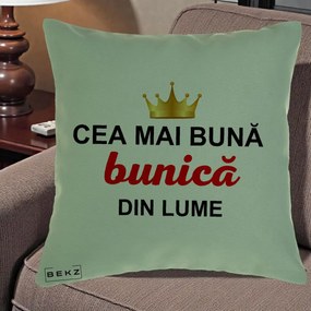 Cadou pentru Bunica - Perna Personalizata Cea Mai Buna Bunica Din Lume Coroana Aurie, 40x40 cm, Verde, Husa Detasabila, Perna Inclusa, BEKZ®