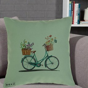 Perna Decorativa Bicicleta Florala Turcoaz Acuarela, 40x40 cm, Verde, Husa Detasabila, Perna Inclusa, BEKZ®