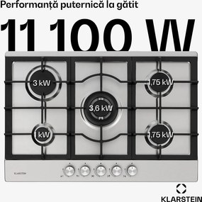 Klarstein Ignito 5 Zonen, plită pe gaz, 5 arzătoare Sabaf, oțel inoxidabil, argintiu