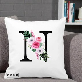 Cadou Personalizat - Perna Personalizata Monograma Florala Litera N, 40x40 cm, Alba Mata, Husa Detasabila, Perna Inclusa, BEKZ®